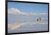 Jeep driving on the reflected surface of the salt flat, Salar de Uyuni, Potosi Department, Bolivia.-Keren Su-Framed Photographic Print