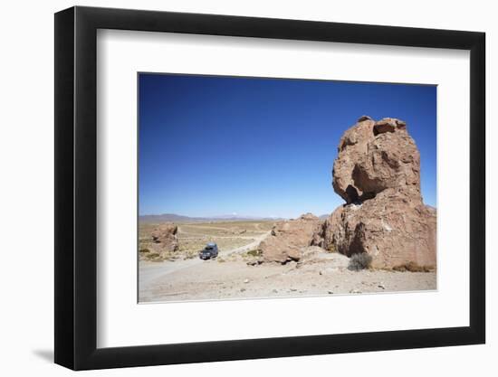 Jeep Driving Through Rocky Landscape on the Altiplano, Potosi Department, Bolivia, South America-Ian Trower-Framed Photographic Print