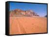 Jeep Tracks Across in Desolate Red Desert of Wadi Rum, Jordan-Cindy Miller Hopkins-Framed Stretched Canvas