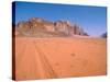 Jeep Tracks Across in Desolate Red Desert of Wadi Rum, Jordan-Cindy Miller Hopkins-Stretched Canvas