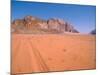 Jeep Tracks Across in Desolate Red Desert of Wadi Rum, Jordan-Cindy Miller Hopkins-Mounted Photographic Print