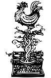 Woodcut Rooster Crowing Emerging from a Typewriter for Waking News-Jef Thompson-Art Print