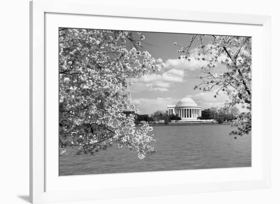 Jefferson Memorial with cherry blossoms, Washington, D.C. - Black and White Variant-Carol Highsmith-Framed Art Print