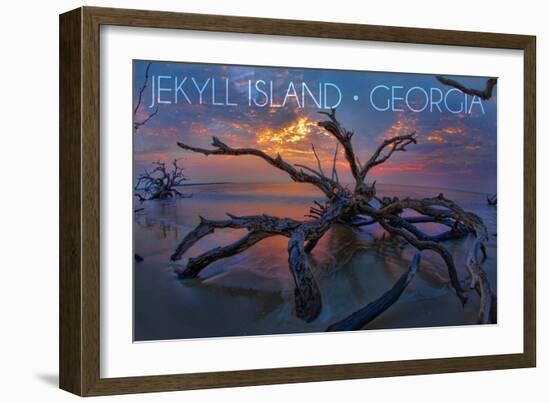 Jekyll Island, Georgia - Driftwood and Sunset-Lantern Press-Framed Art Print