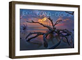 Jekyll Island, Georgia - Driftwood and Sunset-Lantern Press-Framed Art Print