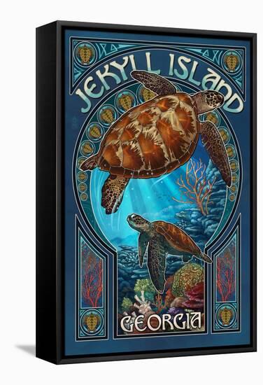 Jekyll Island, Georgia - Sea Turtle Art Nouveau-Lantern Press-Framed Stretched Canvas