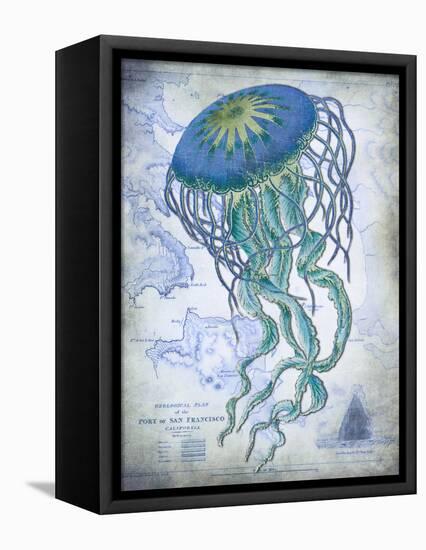 Jellyfish On image of Nautical Map-Fab Funky-Framed Stretched Canvas