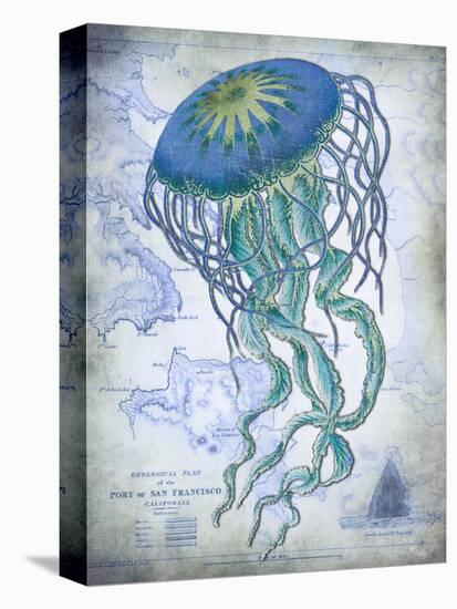 Jellyfish On image of Nautical Map-Fab Funky-Stretched Canvas