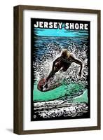 Jersey Shore - Skimboarder - Scratchboard-Lantern Press-Framed Art Print