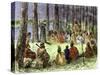 Jesuit Missionary Preaching to Native Americans and Fur Traders in the Wilderness-null-Stretched Canvas