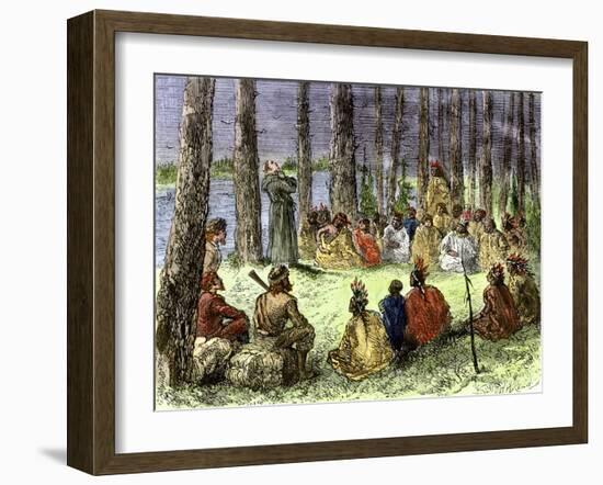 Jesuit Missionary Preaching to Native Americans and Fur Traders in the Wilderness-null-Framed Giclee Print