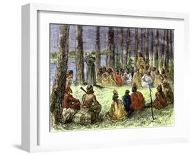 Jesuit Missionary Preaching to Native Americans and Fur Traders in the Wilderness-null-Framed Giclee Print