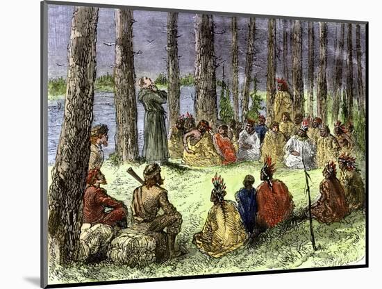 Jesuit Missionary Preaching to Native Americans and Fur Traders in the Wilderness-null-Mounted Giclee Print