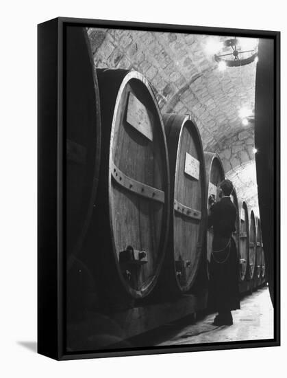 Jesuit Novitiate Winery, Oak Casks of Wine in Underground Tunnel of Winery-Charles E^ Steinheimer-Framed Stretched Canvas