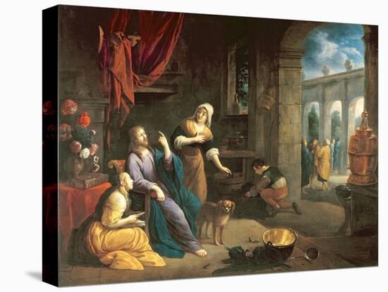 Jesus at the Home of Martha and Mary-Flemish School-Stretched Canvas