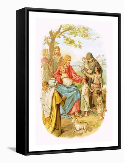 Jesus Blessing the Children-English-Framed Stretched Canvas