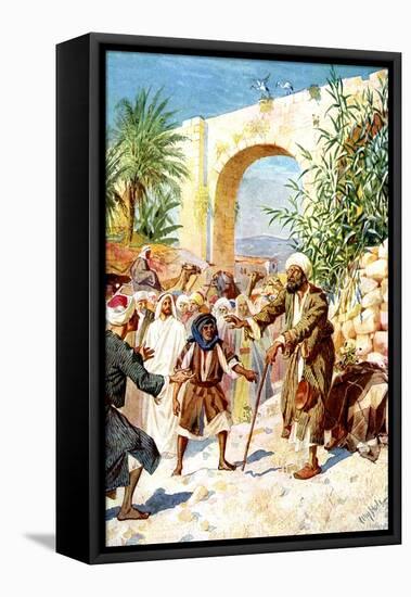 Jesus cures a blind beggar - Bible-William Brassey Hole-Framed Stretched Canvas