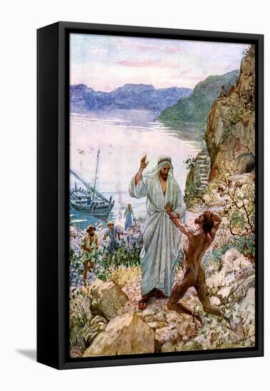 Jesus cures a demon-possessed man - Bible-William Brassey Hole-Framed Stretched Canvas