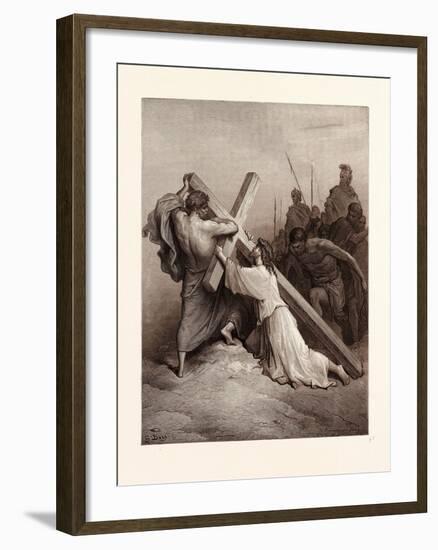 Jesus Falling Beneath the Cross-Gustave Dore-Framed Giclee Print