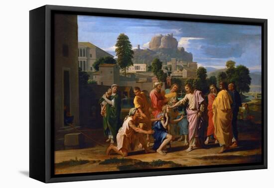 Jesus Healing the Blind of Jericho-Nicolas Poussin-Framed Stretched Canvas