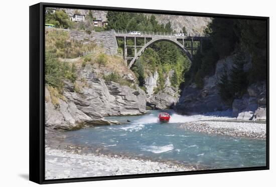 Jet boat on the Shotover River below the Edith Cavell Bridge, Queenstown, Queenstown-Lakes district-Ruth Tomlinson-Framed Stretched Canvas