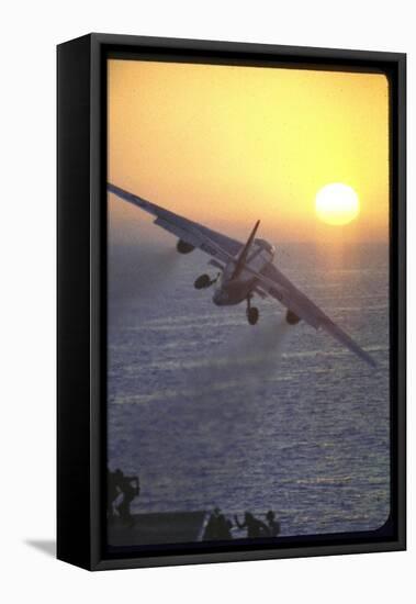 Jet Plane, A4D Skyhawk, Taking Off From USS Independence at Sunrise over Mediterranean Sea-John Dominis-Framed Stretched Canvas
