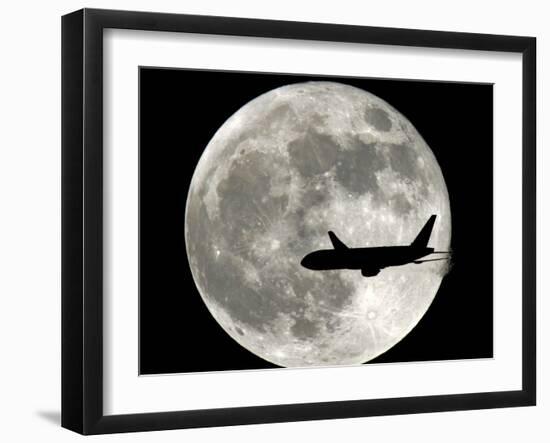 Jet Plane Passes in Front of the Full Moon Above Surfside, Florida-null-Framed Premium Photographic Print