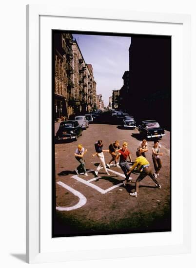 Jets' Dance on Busy Street in Scene from West Side Story-Gjon Mili-Framed Photographic Print