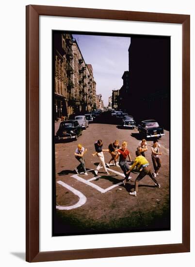 Jets' Dance on Busy Street in Scene from West Side Story-Gjon Mili-Framed Photographic Print