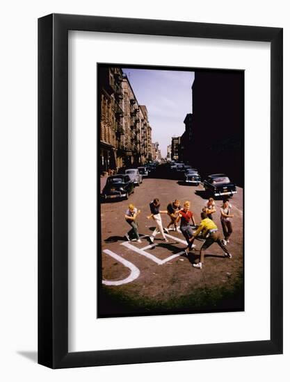 Jets' Dance on Busy Street in Scene from West Side Story-Gjon Mili-Framed Photographic Print