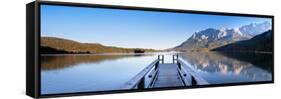 Jetty on the Lake Eibsee with Wetterstein Mountains and Zugspitze Mountain, Bavaria, Germany-null-Framed Stretched Canvas