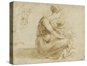Jeune femme assise à terre avec deux enfants ; et un homme vu de dos-Domenico Beccafumi-Stretched Canvas