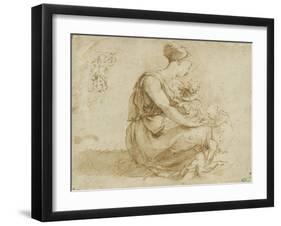 Jeune femme assise à terre avec deux enfants ; et un homme vu de dos-Domenico Beccafumi-Framed Giclee Print