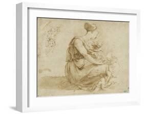 Jeune femme assise à terre avec deux enfants ; et un homme vu de dos-Domenico Beccafumi-Framed Giclee Print