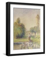 Jeune femme, dans une prairie, au bord d'une mare-Camille Pissarro-Framed Giclee Print
