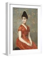 Jeune fille en robe rouge sur fond de fleurs-Emile Levy-Framed Giclee Print