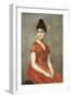 Jeune fille en robe rouge sur fond de fleurs-Emile Levy-Framed Giclee Print