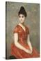 Jeune fille en robe rouge sur fond de fleurs-Emile Levy-Stretched Canvas