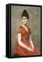 Jeune fille en robe rouge sur fond de fleurs-Emile Levy-Framed Stretched Canvas