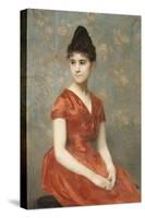 Jeune fille en robe rouge sur fond de fleurs-Emile Levy-Stretched Canvas