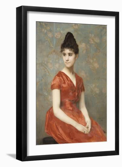 Jeune fille en robe rouge sur fond de fleurs-Emile Levy-Framed Premium Giclee Print
