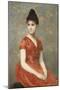 Jeune fille en robe rouge sur fond de fleurs-Emile Levy-Mounted Premium Giclee Print