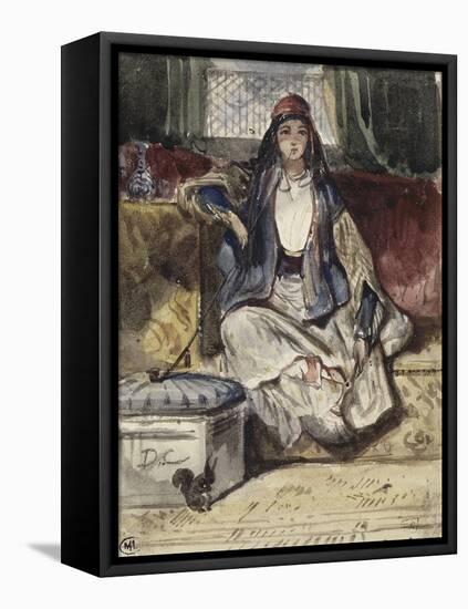 Jeune orientale assise sur un divan fumant dans un intérieur avec un écureil-Alexandre Gabriel Decamps-Framed Stretched Canvas