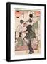 Jeunes Filles D'une Maison De the Japonaise Accrochant Des Lampions a Un Espalier De Glycines - Est-Kitagawa Utamaro-Framed Giclee Print