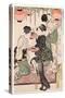 Jeunes Filles D'une Maison De the Japonaise Accrochant Des Lampions a Un Espalier De Glycines - Est-Kitagawa Utamaro-Stretched Canvas
