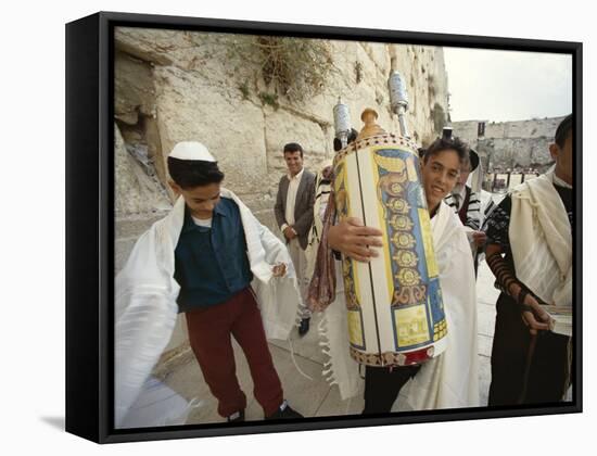 Jewish Bar Mitzvah Ceremony at the Western Wall (Wailing Wall), Jerusalem, Israel, Middle East-S Friberg-Framed Stretched Canvas