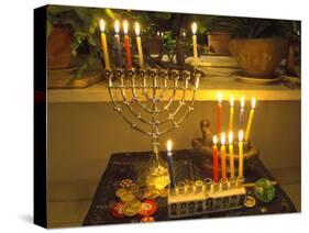 Jewish Festival of Hanukkah, Three Hanukiah with Four Candles Each, Jerusalem, Israel, Middle East-Eitan Simanor-Stretched Canvas