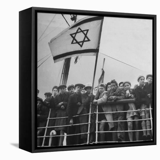 Jewish Immigrants, Arriving in Haifa Aboard Refugee Ship, Waving Future Flag of the State of Israel-Dmitri Kessel-Framed Stretched Canvas