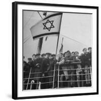 Jewish Immigrants, Arriving in Haifa Aboard Refugee Ship, Waving Future Flag of the State of Israel-Dmitri Kessel-Framed Photographic Print
