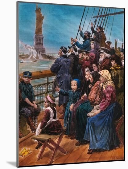 Jewish Immigrants on Ship near Statue of Liberty-null-Mounted Giclee Print